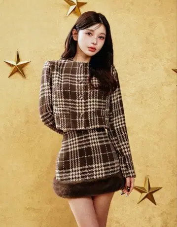 Darich 숏 트위드 자켓 도킹 퍼 트위드 미니 스커트