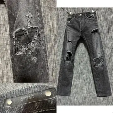 정가 55000엔 MINEDENIM 그런지 블랙 데님 데미지 가공 블랙