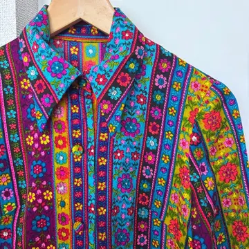 70년대 긴팔 원피스 컬러풀 플라워 셔츠 원피스 빈티지