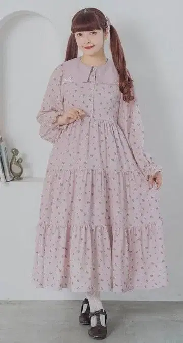 아오키 미사코 작은 꽃 원피스 LL 사이즈 핑크