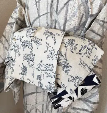 어른용 헤코 오비 새와 짐승 그림과 우키요에 네이비 계열