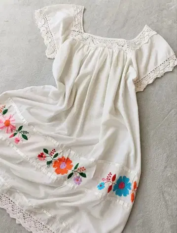 멕시코 원피스 롱 드레스 푸에블라 자수 반팔 에스닉 민족 꽃 자수