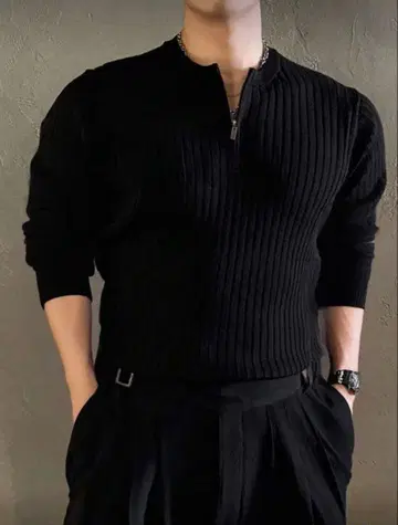 남성용 블랙 집업 니트 스웨터