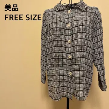 [새상품급] 체크 긴팔 셔츠/그레이/버튼/카라 부착/일본 니트 상련