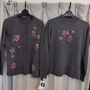 꽃무늬 자수 그레이 가디건 스웨터 세트