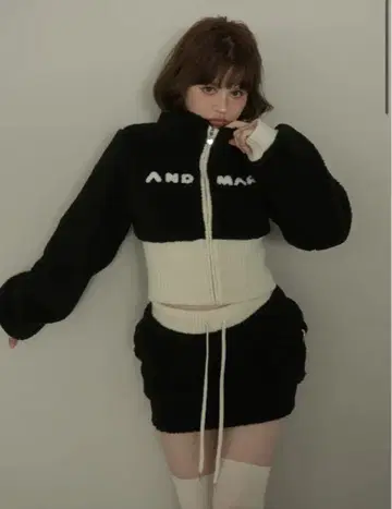 andmary Fluffy zip up jacket&skirt black