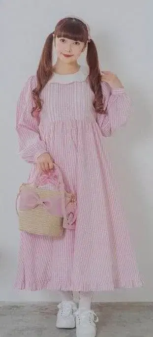 아오키 미사코 깅엄 체크 핑크 원피스 마론 크림 콜라보