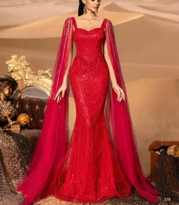 드레스 빨간색 롱 비즈 스팽글