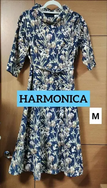 하모니카 꽃무늬 코듀로이 플레어 원피스 벨트 포함 네이비 M