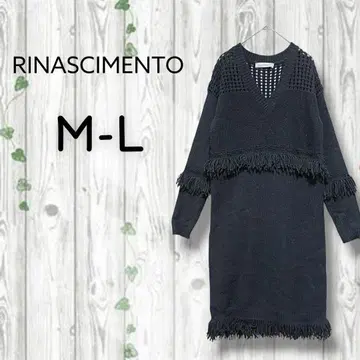 리나시멘토 니트 원피스 프린지 스타일업 절개 긴팔 무릎 기장 블랙