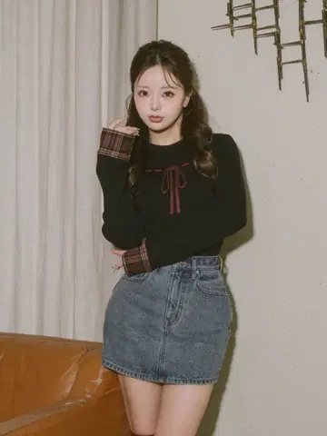 Darich 체크 커프스 리본 니트탑