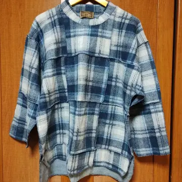 90s EXPRESS 블루 계열 체크 무늬 7부 소매 티셔츠 빈티지