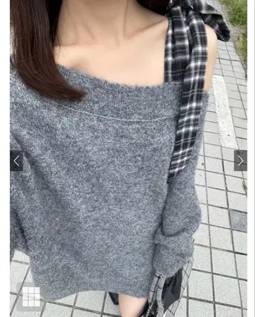 택 포함 새상품 GRL 그레일 체크 리본 원숄더 니트 미니 원피스