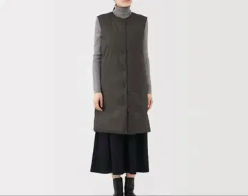 무인양품 MUJI 경량 다운 포켓터블 노카라 롱 베스트 다크 브라운