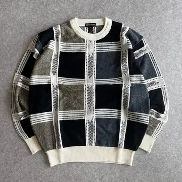 니트 스웨터 체크 무늬 울 혼방 모노톤 남성용 L 오버 사이즈 모드