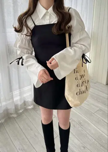 GRL 리본 개더 셔츠 x 미니 원피스 L 사이즈 빅 올 시즌