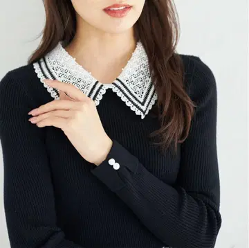토코 클로젯 2WAY 레이스 카라 부착 리브 니트 레이스 카라 블랙 니트