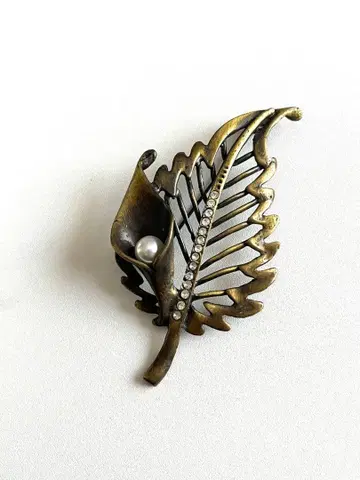 리프 모티브 브로치 펄 x 큐빅 앤티크 빈티지