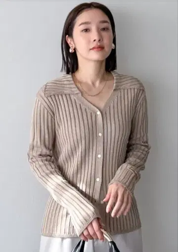 DOUX ARCHIVES 린넨 라이크 프론트 오픈 리브 니트