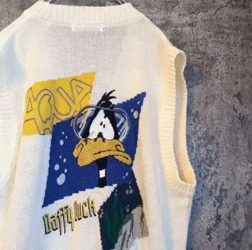 워너 브라더스 더피 덕 얇은 소재 니트 베스트 수입 구제 의류 90년대