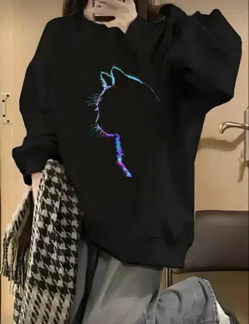 [ 새상품 ] 네온 캣 맨투맨 XL 블랙 고양이 실루엣 트레이닝복