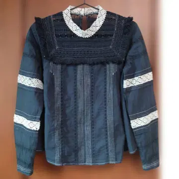 sea new york 핀턱 프린지 레이스 긴팔 블라우스 네이비