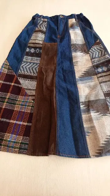 티티카카 데님 롱 플레어 스커트 이소재 패치워크 A라인 M