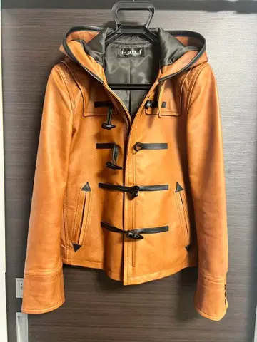 Haruf (LL 사이즈) 후드 부착 더플 가죽 자켓 카멜 컬러