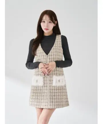 Darich 프론트 지퍼 트위드 미니 원피스 베이지 하자품