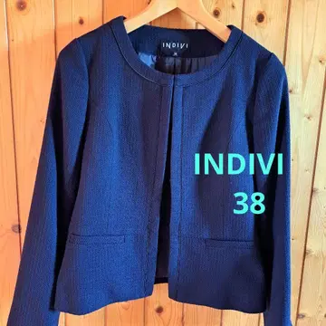 INDIVI 트위드 노카라 자켓 38 네이비 포멀 학교 행사