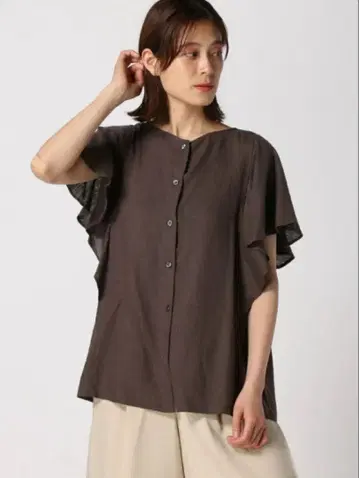글로벌 워크 프렌치 린넨 네이비 프릴 블라우스 [ M ] 브라운