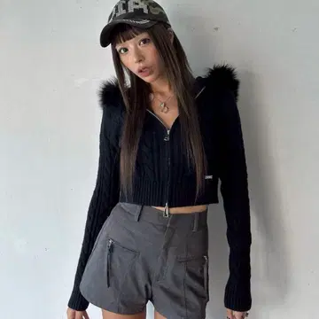 d.i.a. 인조 모피 W 지퍼 케이블 니트 후디 가디건