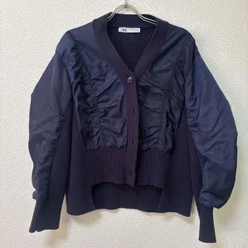 [ ZARA ] 새상품급 네이비 이소재 대비 니트 가디건 새틴 y2k