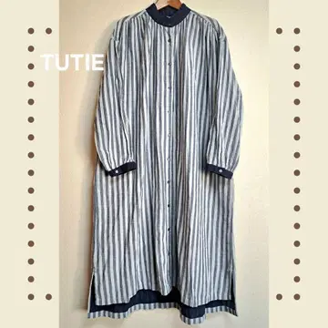 [ TUTIE ] 코튼 거즈 원단 스트라이프 롱 원피스 나츄란