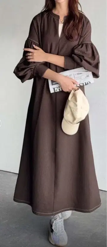 허리 리본 스티치 키 넥 원피스