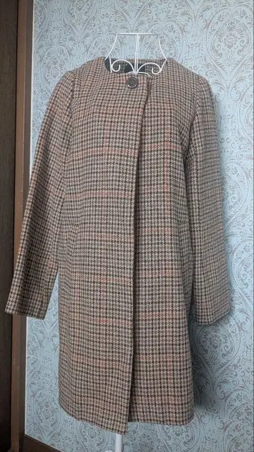 체크 무늬 코트 울 혼방