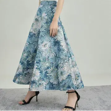 화려한 자카드 블루 플라워 스커트