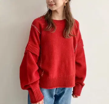 새상품 로리즈팜 핸드 스티치 라이크 풀오버 니트 숏 빨간색