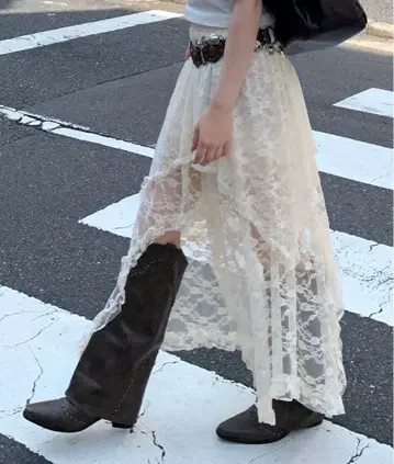 lilful 레이스 레이어드 아지메 롱 스커트 아이보리