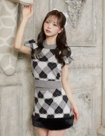 다리치 아가일 하트 체크 니트 셋업