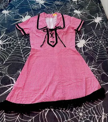 버니 덱스터 반팔 미니 원피스 빨간색 체크 빈티지