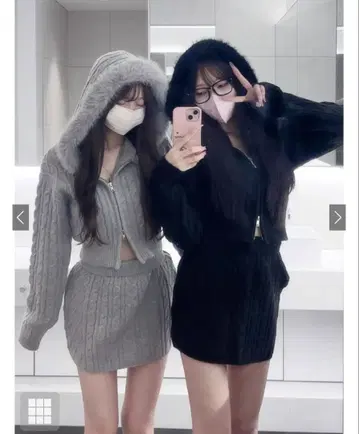 GRL 케이블 짜임 퍼 니트 후드티 미니 스커트 셋업 [gf90a]