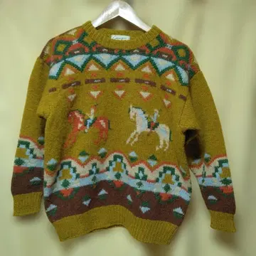 빈티지 구제 의류 말 패턴 니트 스웨터 긴팔 머스타드