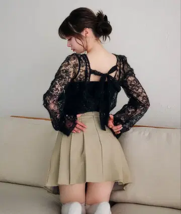 fupel 백리본 모헤어 레이스 상의 블랙