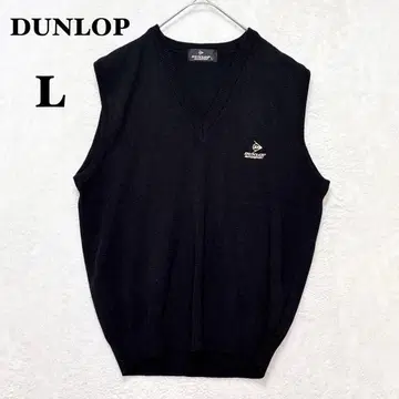 던롭 모터스 울 혼방 V넥 니트 베스트 L 블랙 자수 로고