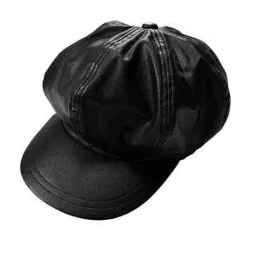 80s 90s 일본제 인조 가죽 헌팅 캡 블랙 8 패널