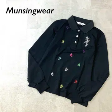컨디션 최상 Munsingwear 프론트 로고 자수 피케 셔츠 긴팔 블랙