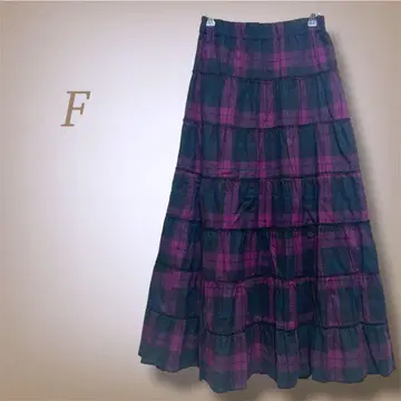 타탄 체크 롱 스커트 티어드 플레어 프릴 코튼 100 F