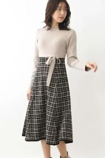 인덱스 인덱스 리브 니트 x 체크 플레어 원피스 M