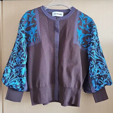 릴리 브라운 쉬폰 소매 가디건 꽃무늬 벌룬 소매 브라운 파랑